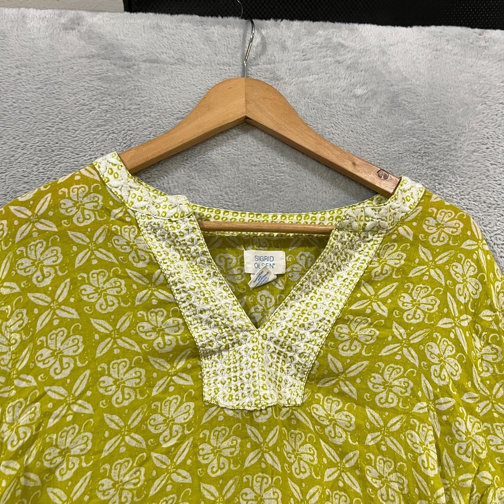 Sigrid Olsen Blouse Womens XL Embroidered Tunic Top 3/4 Sleeve Lime Boho‎ - Picture 4 of 8
